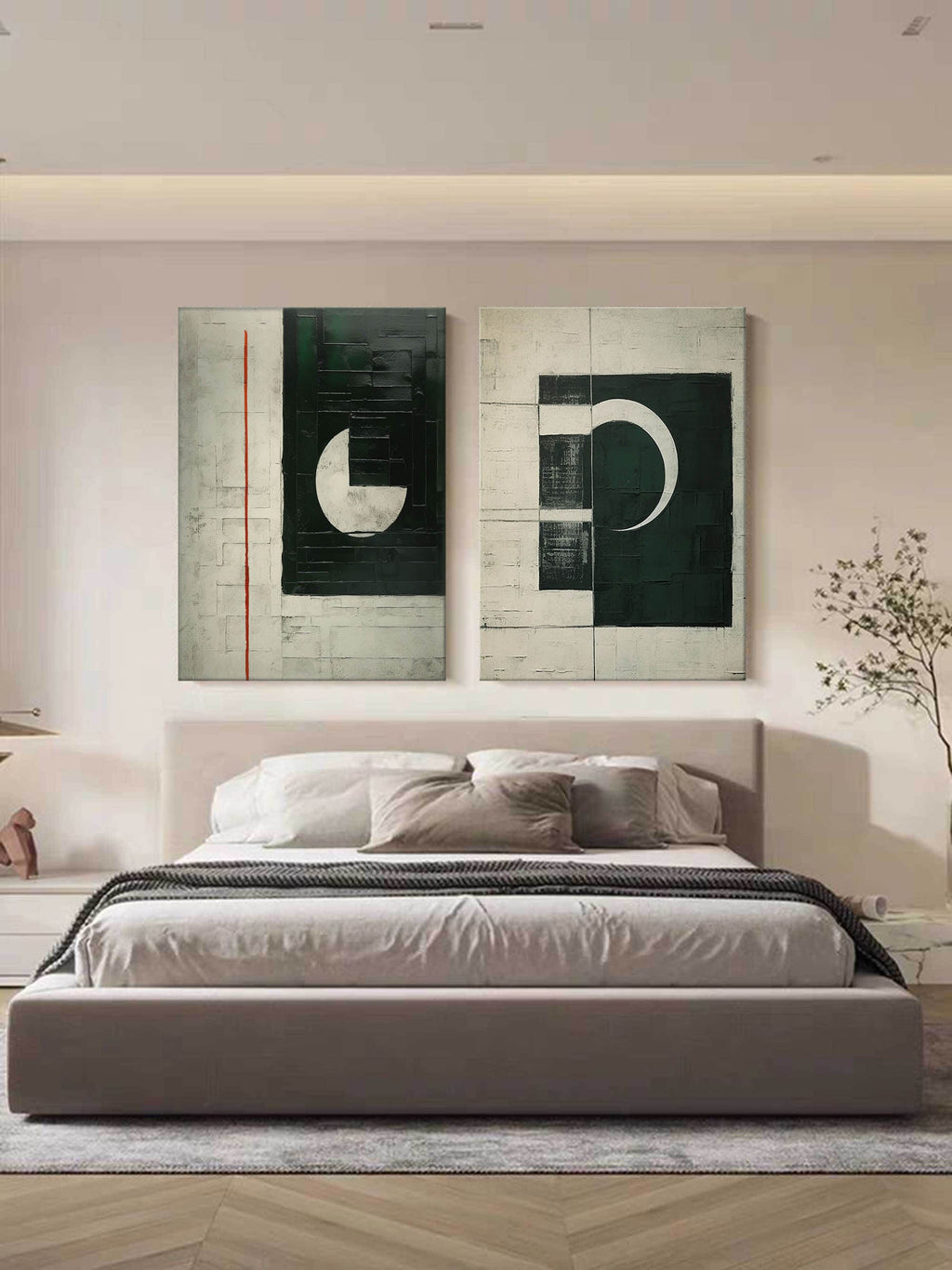 Tactile Two-Piece Geometric Oil Painting Black White