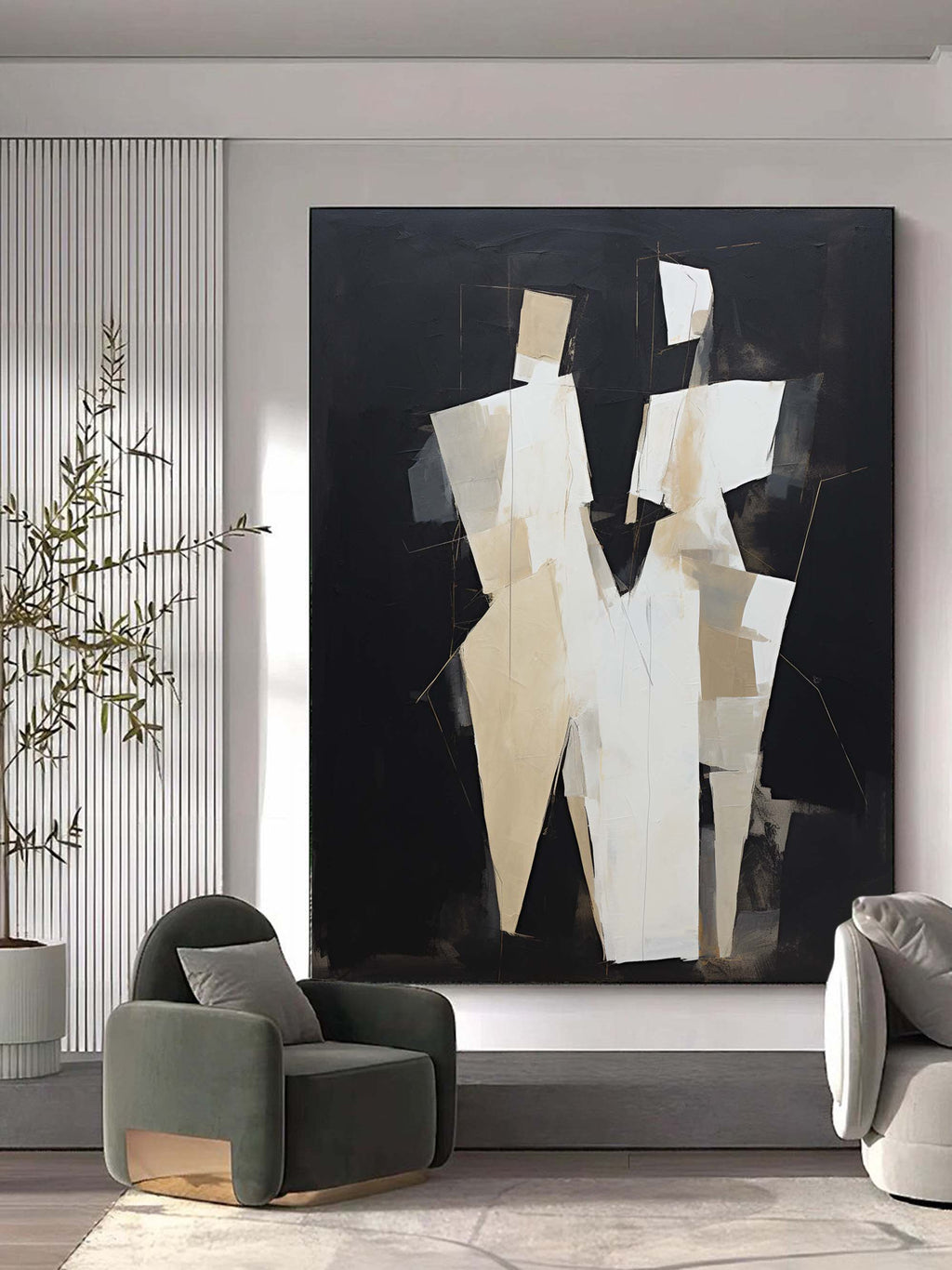 Cubist Style Couple Figure Oil Painting Black Beige