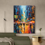 Impasto Cityscape Painting Vibrant Urban Rain