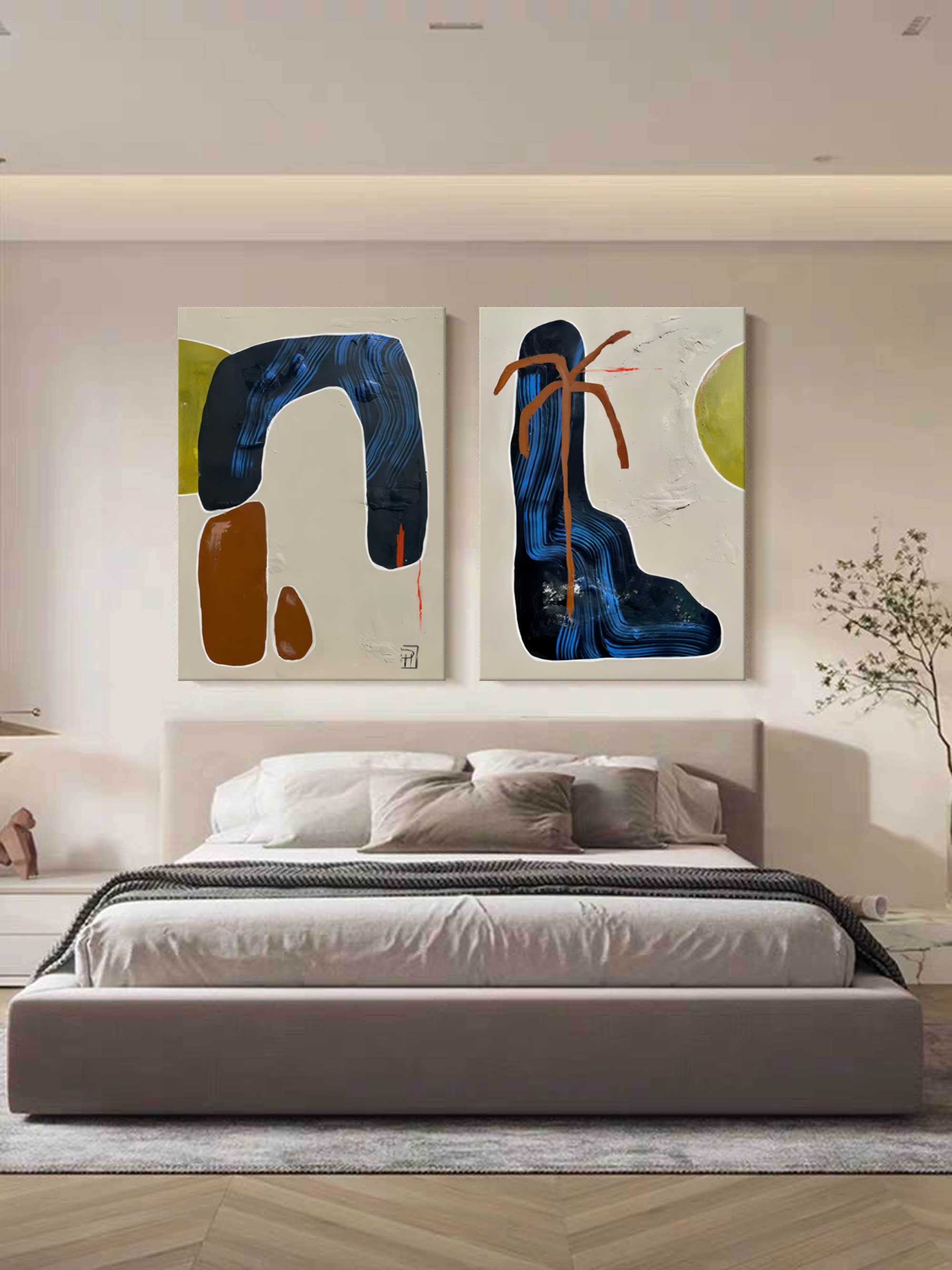 Set Of 2 Diptych Wall Art Set Blue Brown Organic