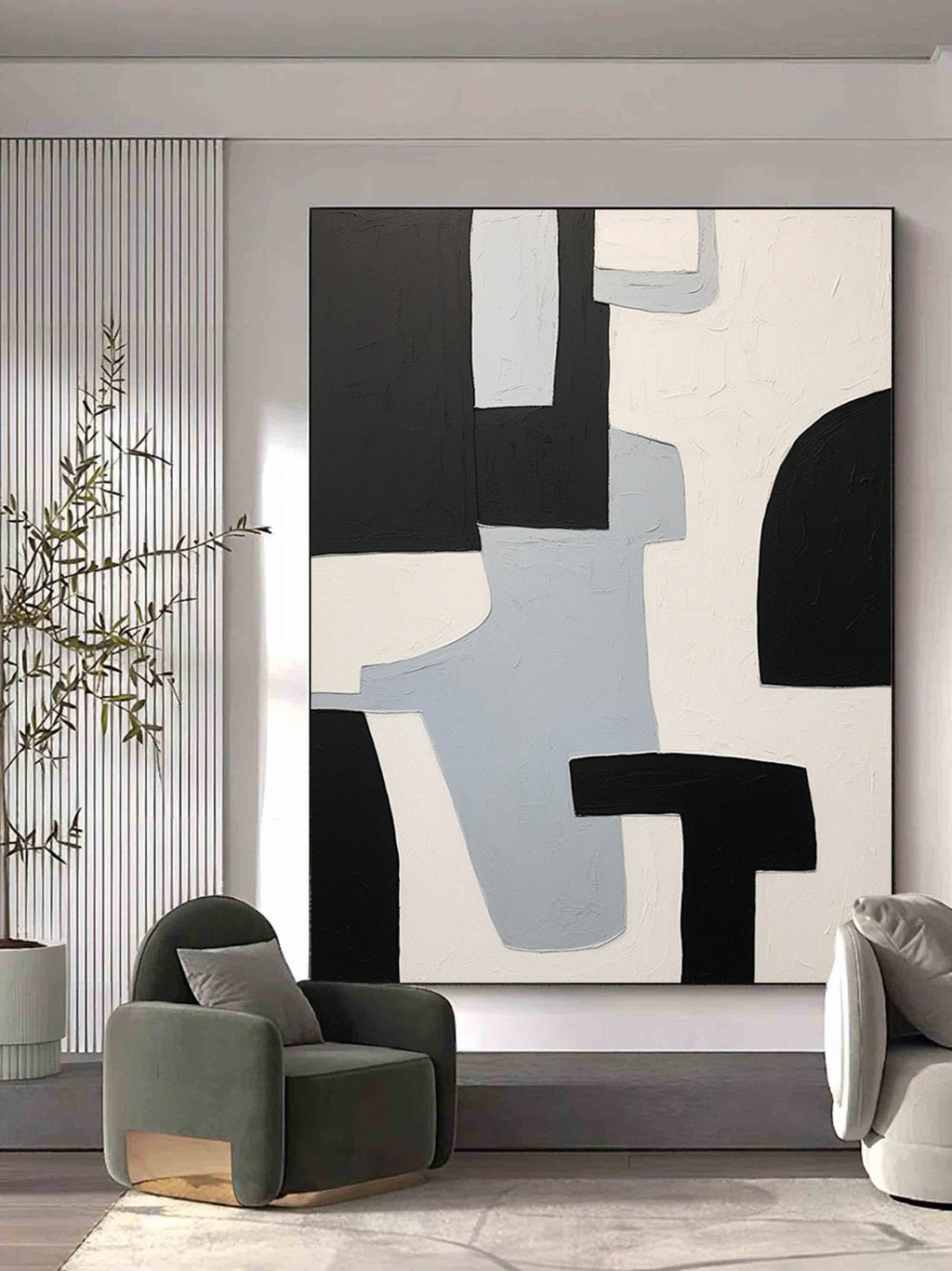 Minimalist White Grey Geometric Oil Painting