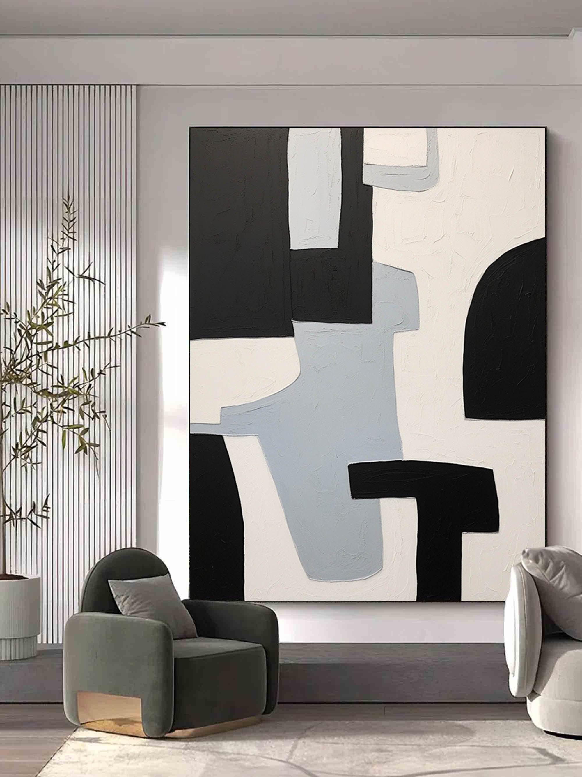 Minimalist White Grey Geometric Oil Painting