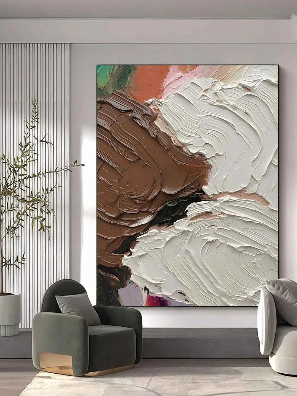 Brown White Wave Impasto Textured Abstract Oil Painting