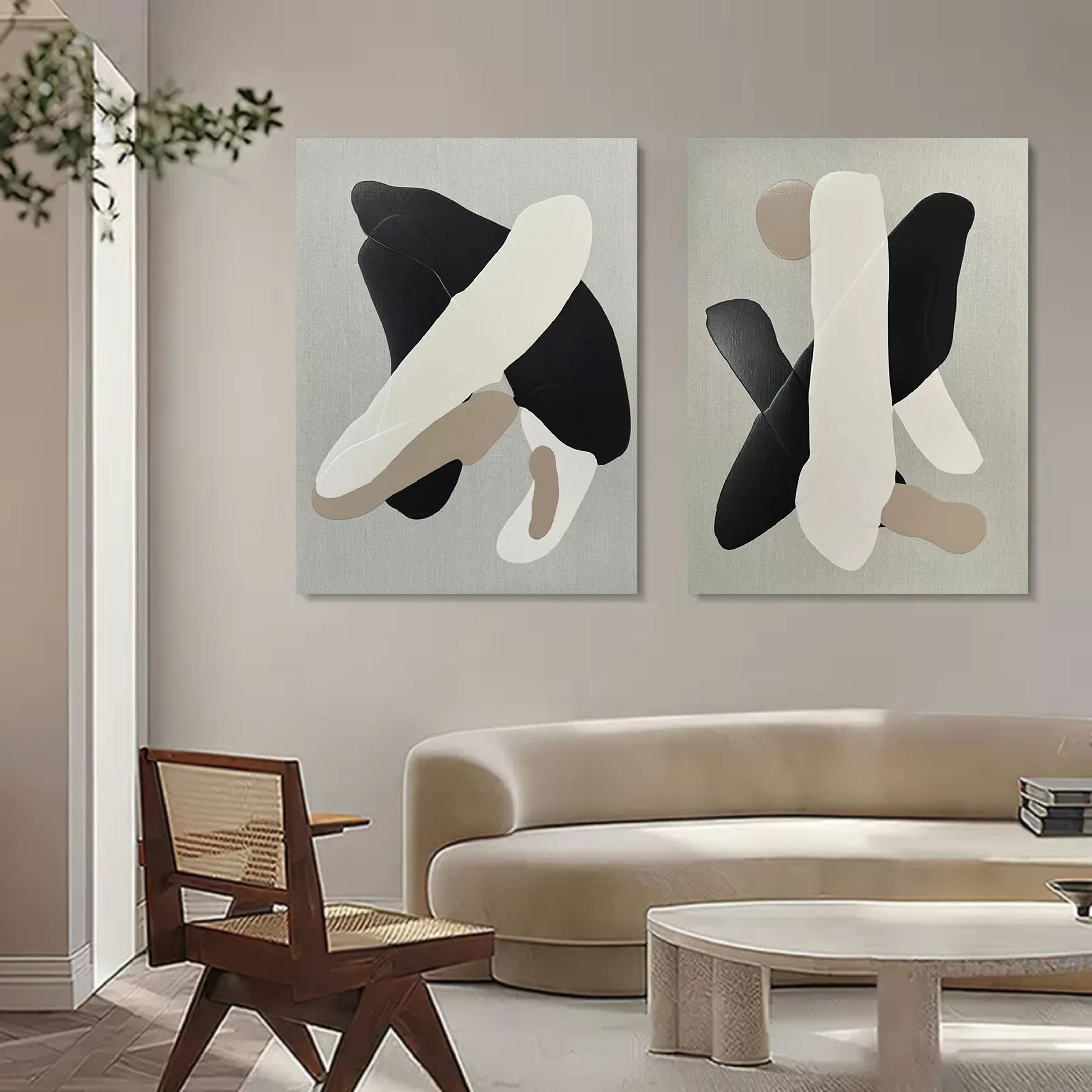 Abstract Neutral Organic Shape Diptych Wall Art