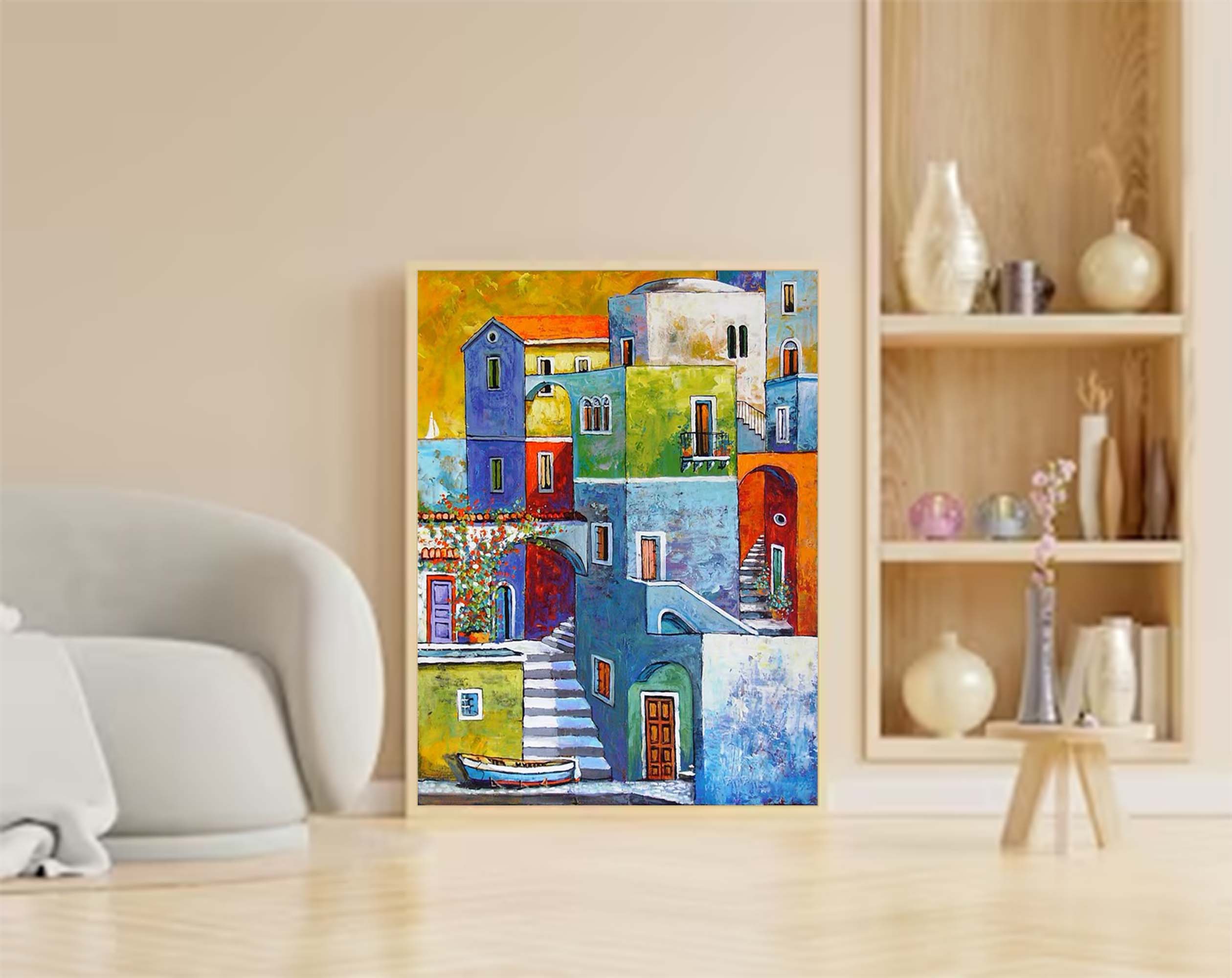 Colorful Mediterranean Coastal Town Oil Painting