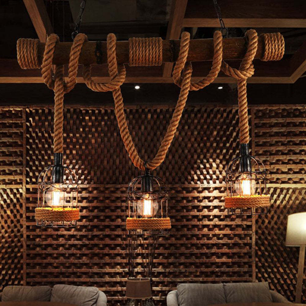 Silva Vintage 3 Heads Wood Rope Pendant Light