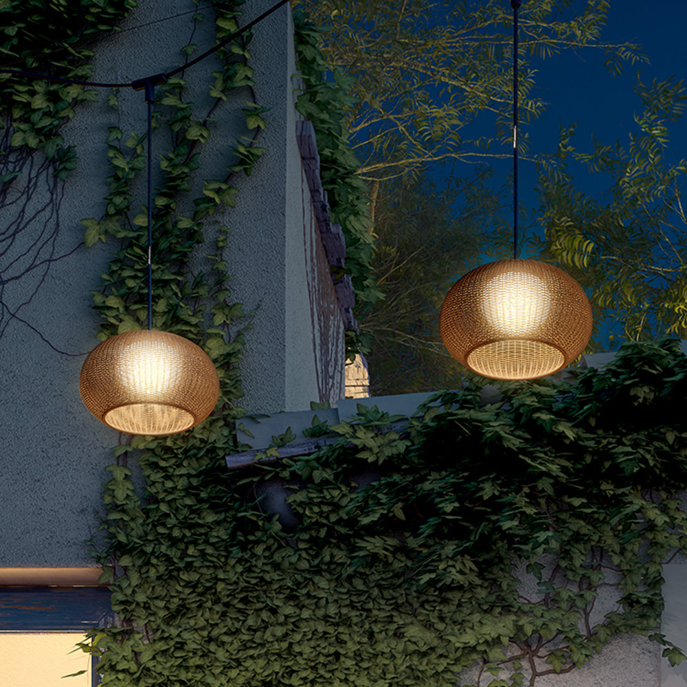Ray Retro Lantern Gold Pendant Light, Bamboo/