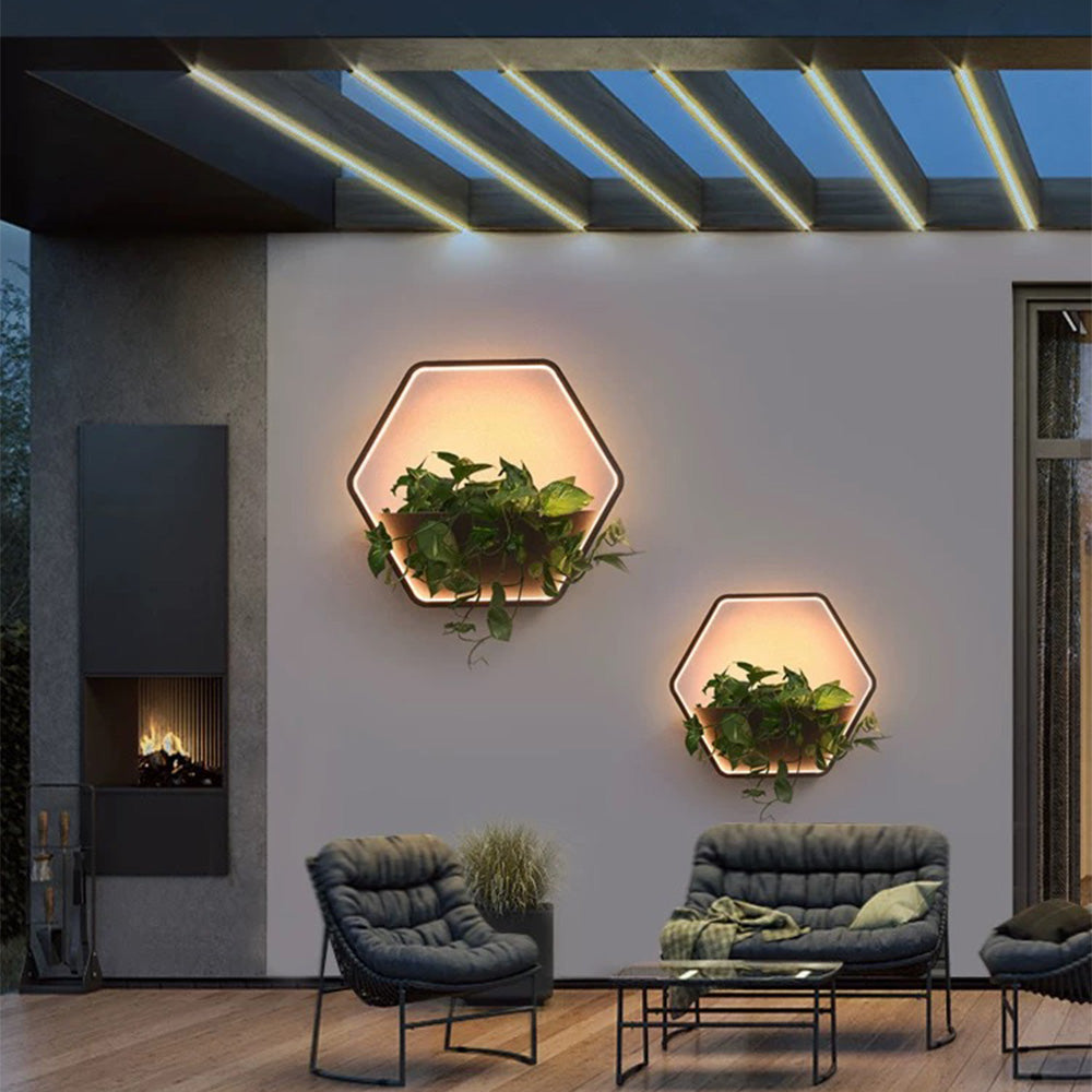 Ray Minimalist Hexagonal Ring With Shelf Metal Outdoor Wall Lamp, Black