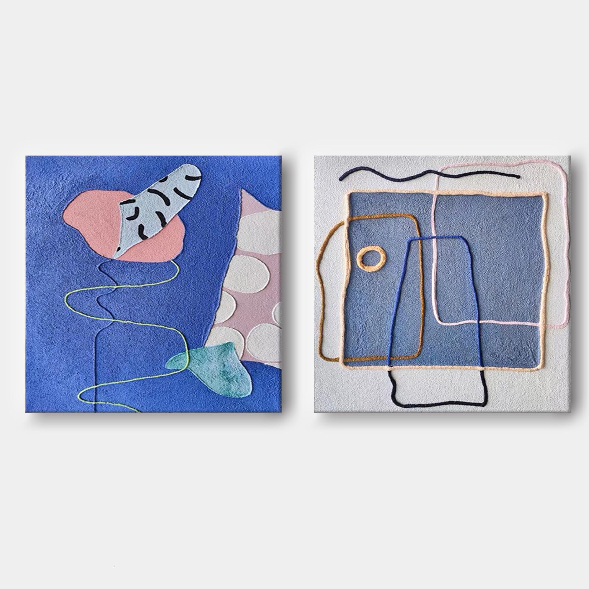 Set of 2 Textured Fiber Art Blue Pink Wall Art