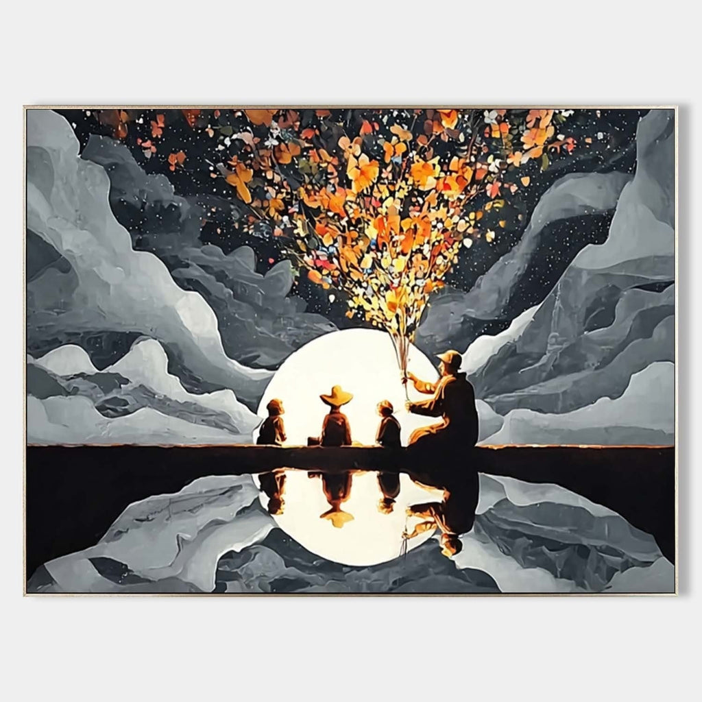 Family Silhouette Moon Art Oil Painting