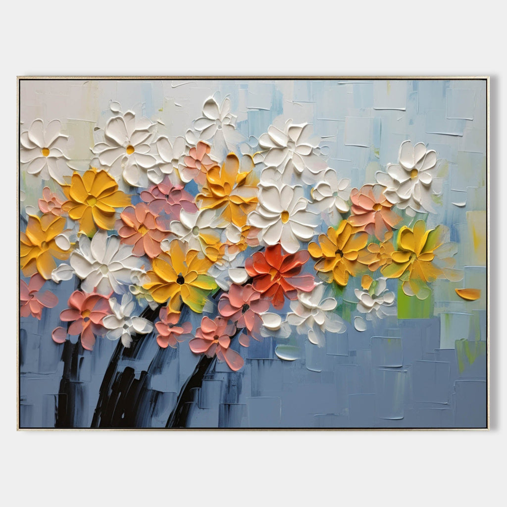 Tactile Impasto Floral Oil Painting Multi-Color Blooms