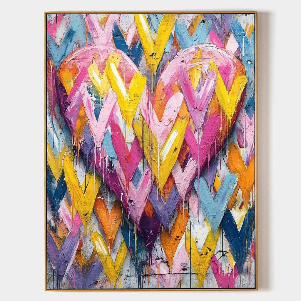 Vibrant Chevron Double Heart Impasto Painting