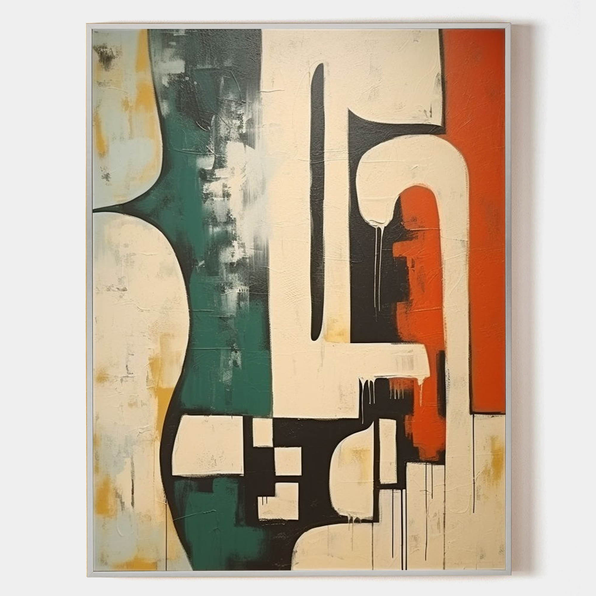 Geometric Abstract Green Orange Oil Painting