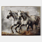 Dual White Horse Oil Painting Motion & Gold Elegant
