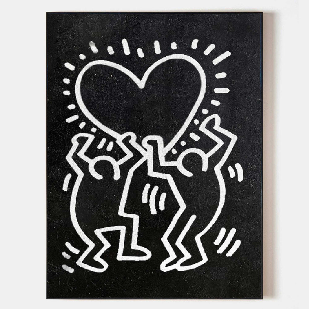Keith Haring Style Black White Heart Figures Art