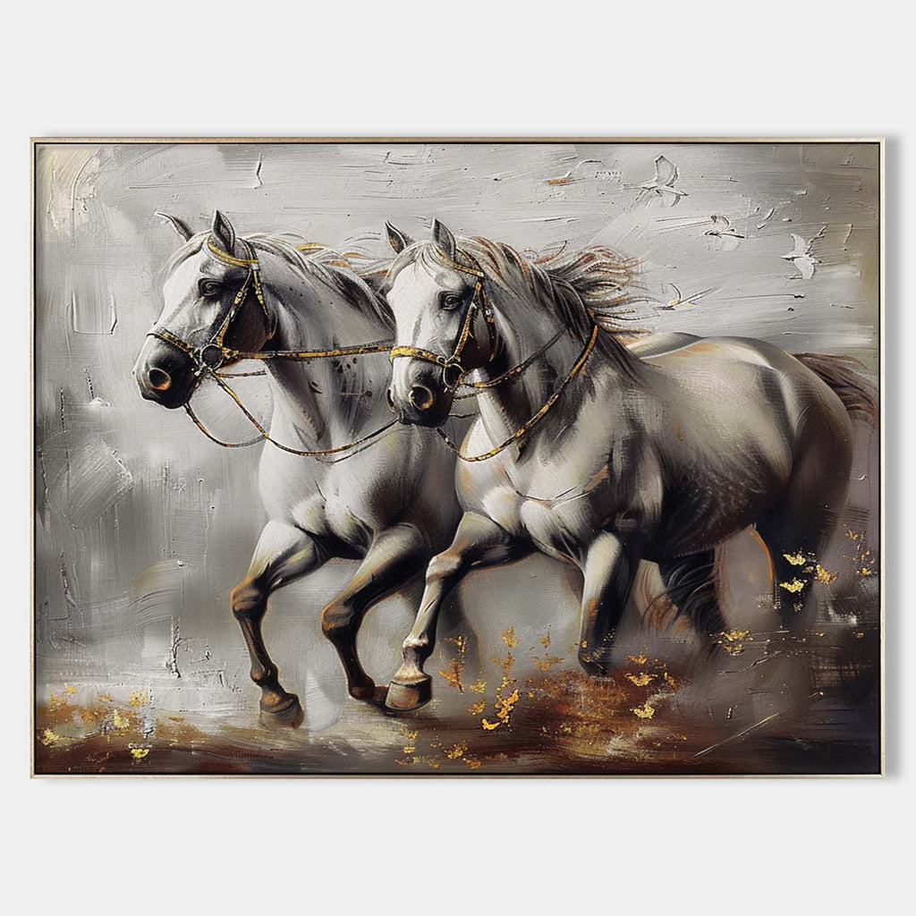 Dual White Horse Oil Painting Motion & Gold Elegant