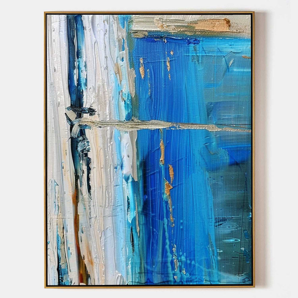 3D Textured Coastal Painting Blue White Modern Wall Art