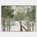 Canvas 3D Textured Lakeside Forest Landscape Painting