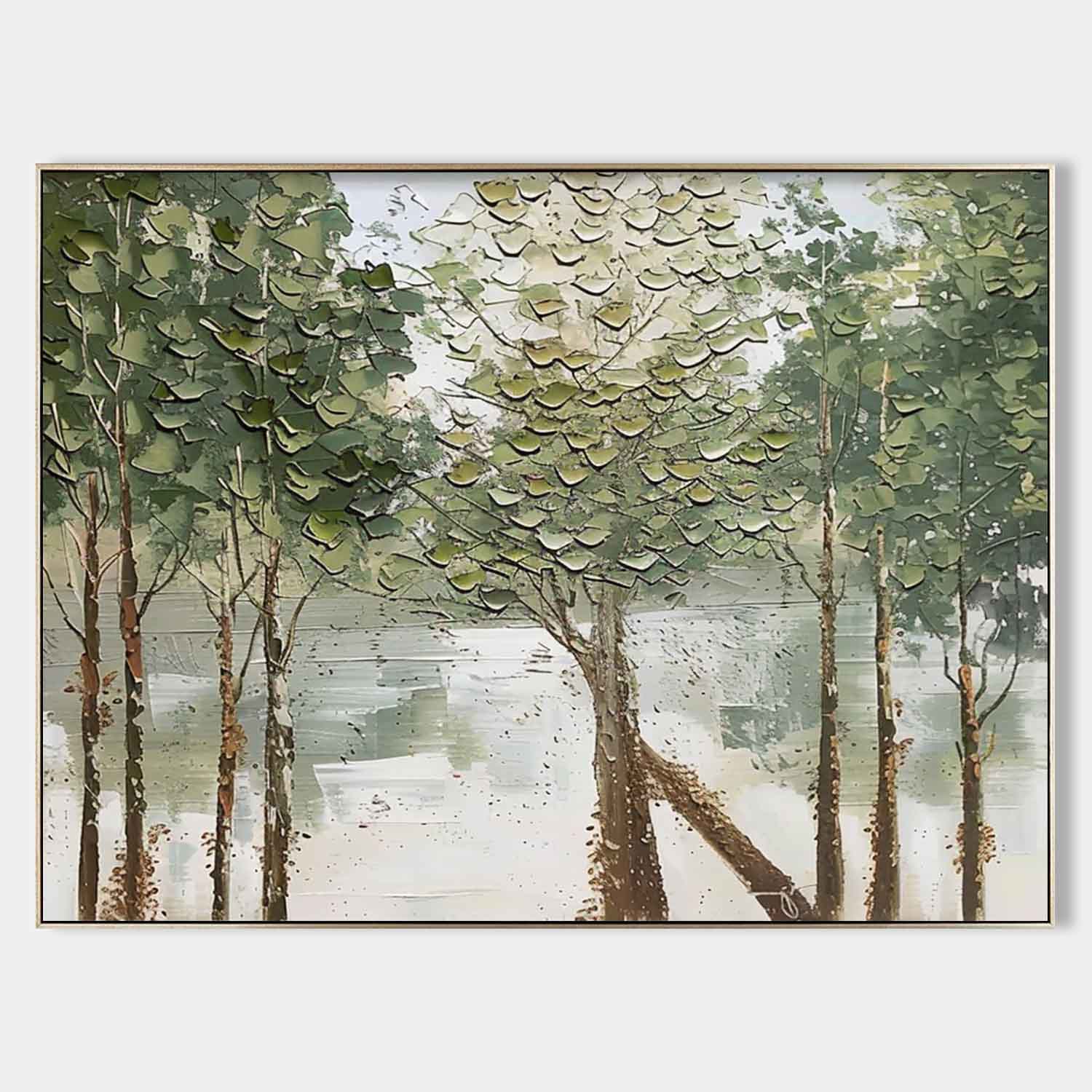 Canvas 3D Textured Lakeside Forest Landscape Painting