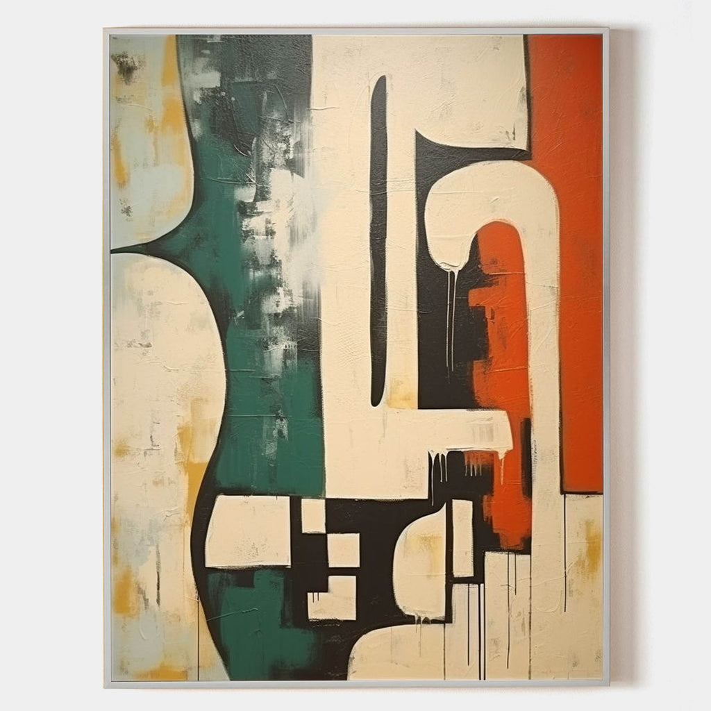 Geometric Abstract Green Orange Oil Painting