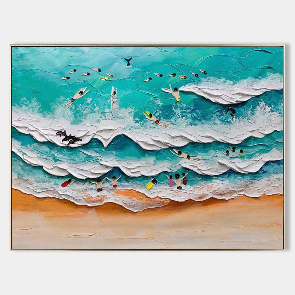 3D Beach Surfing Scene Textured Wall Art