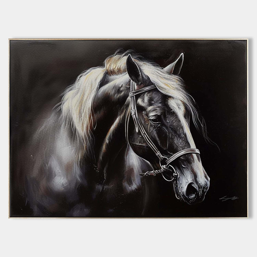Tactile Dramatic Horse Portrait Oil Painting Monochrome