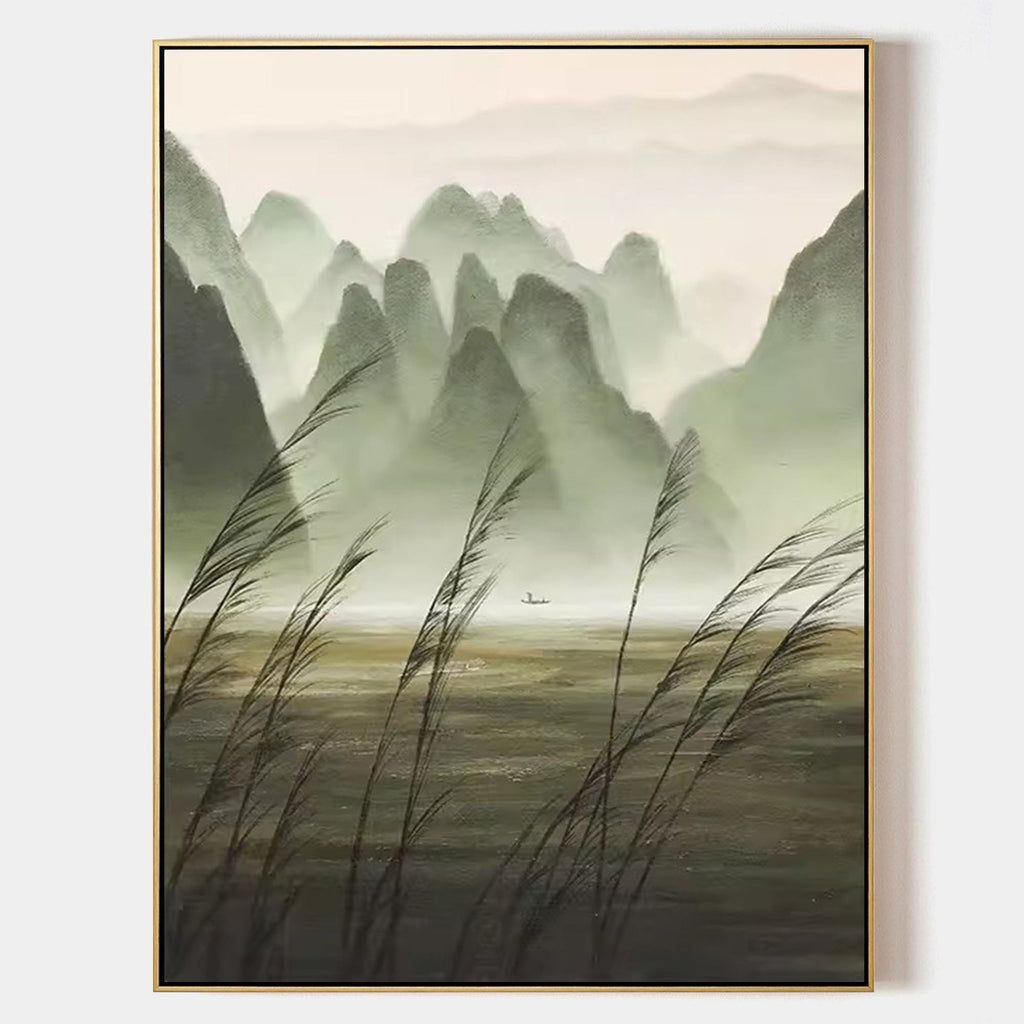 Chinese Ink Misty Green Mountain Landscape Oil Painting