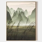 Chinese Ink Misty Green Mountain Landscape Oil Painting