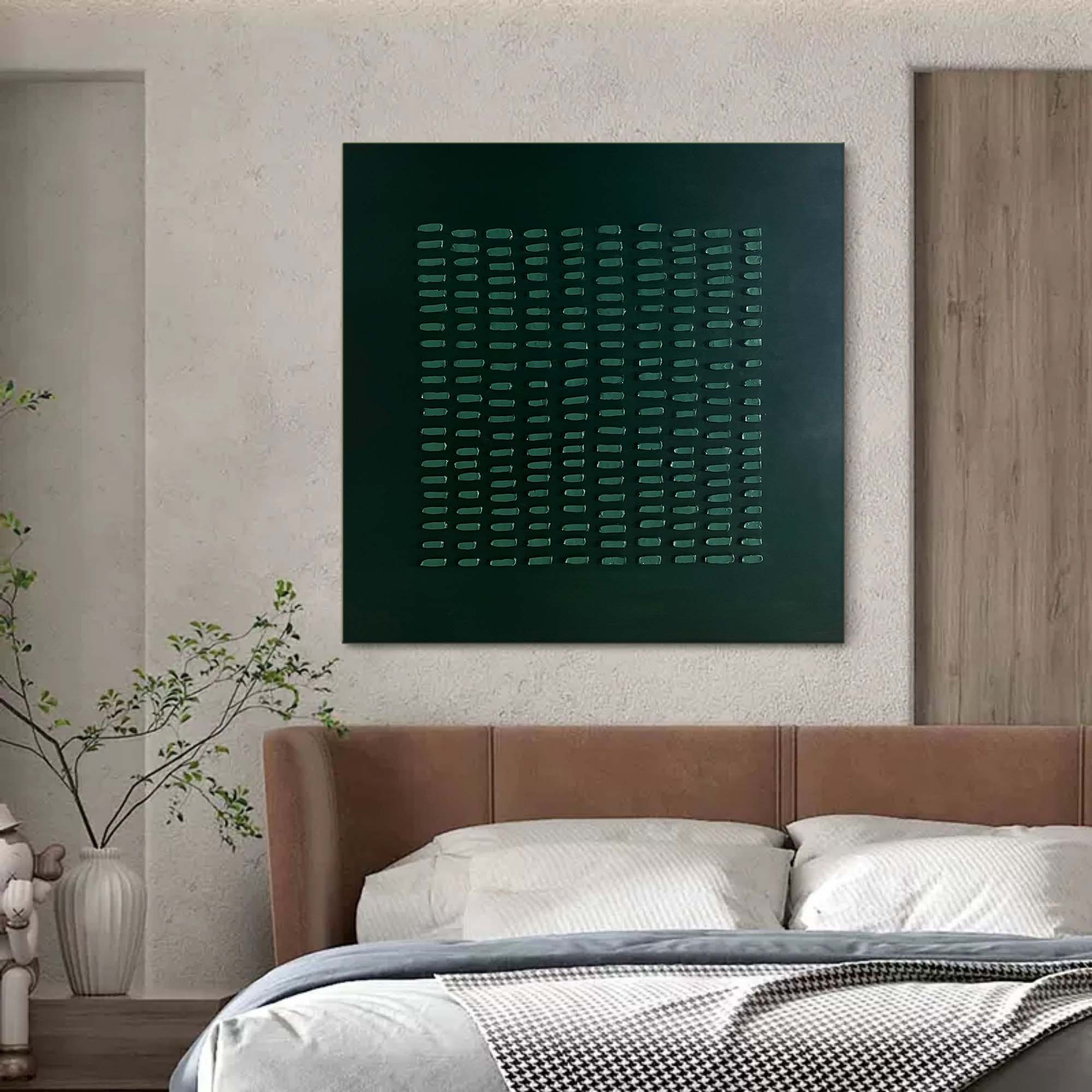 Wabi-Sabi Wall Art Dark Green Textured Grid Abstract Painting