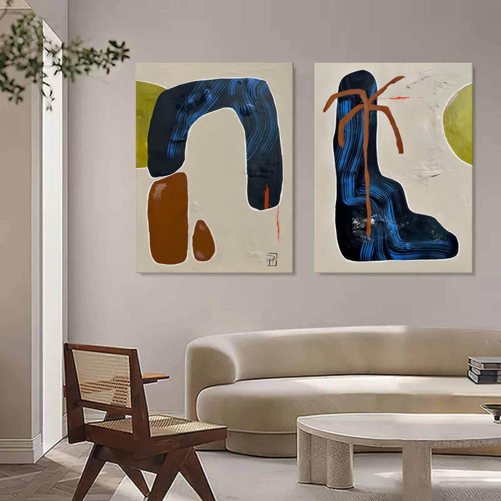 Set Of 2 Diptych Wall Art Set Blue Brown Organic