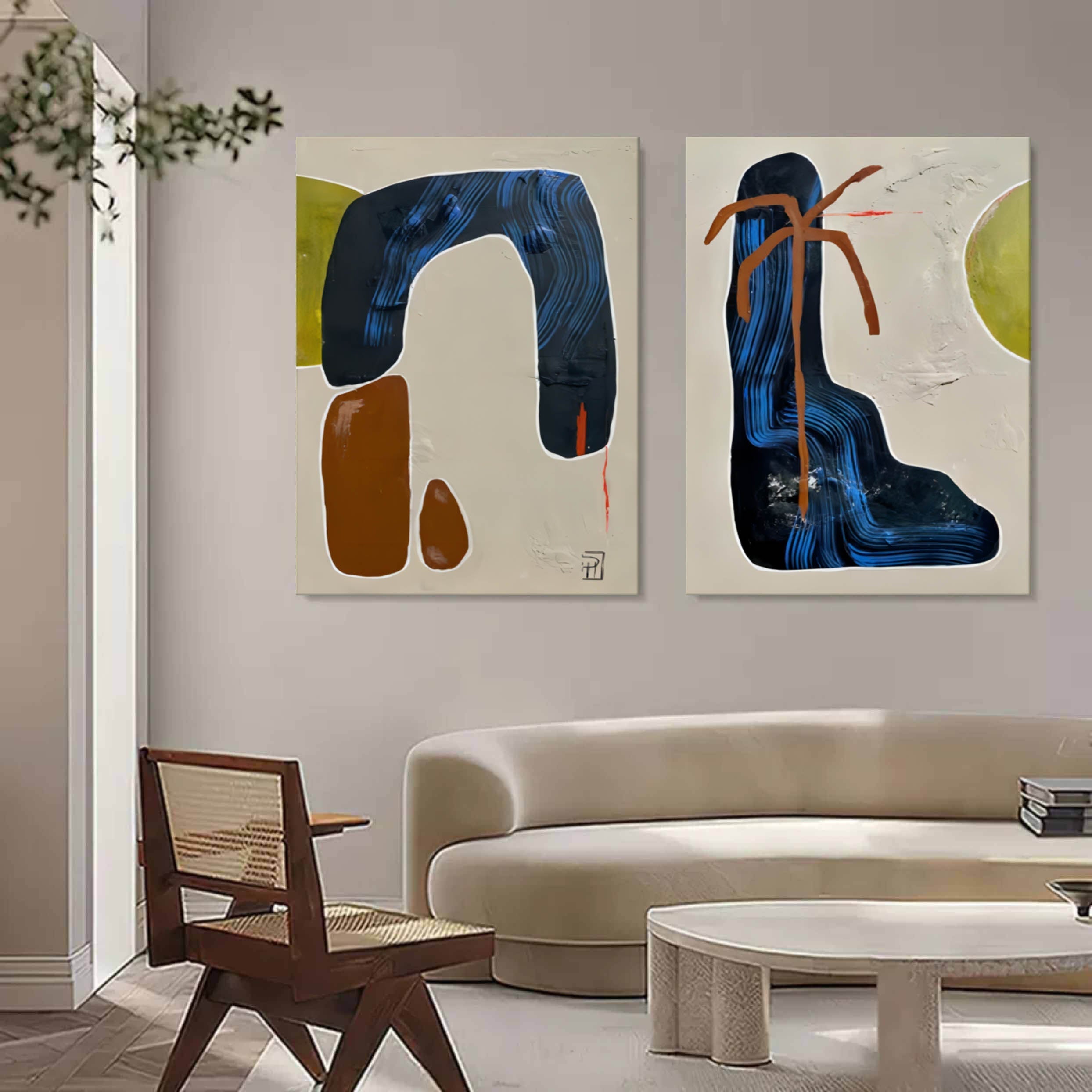 Set Of 2 Diptych Wall Art Set Blue Brown Organic