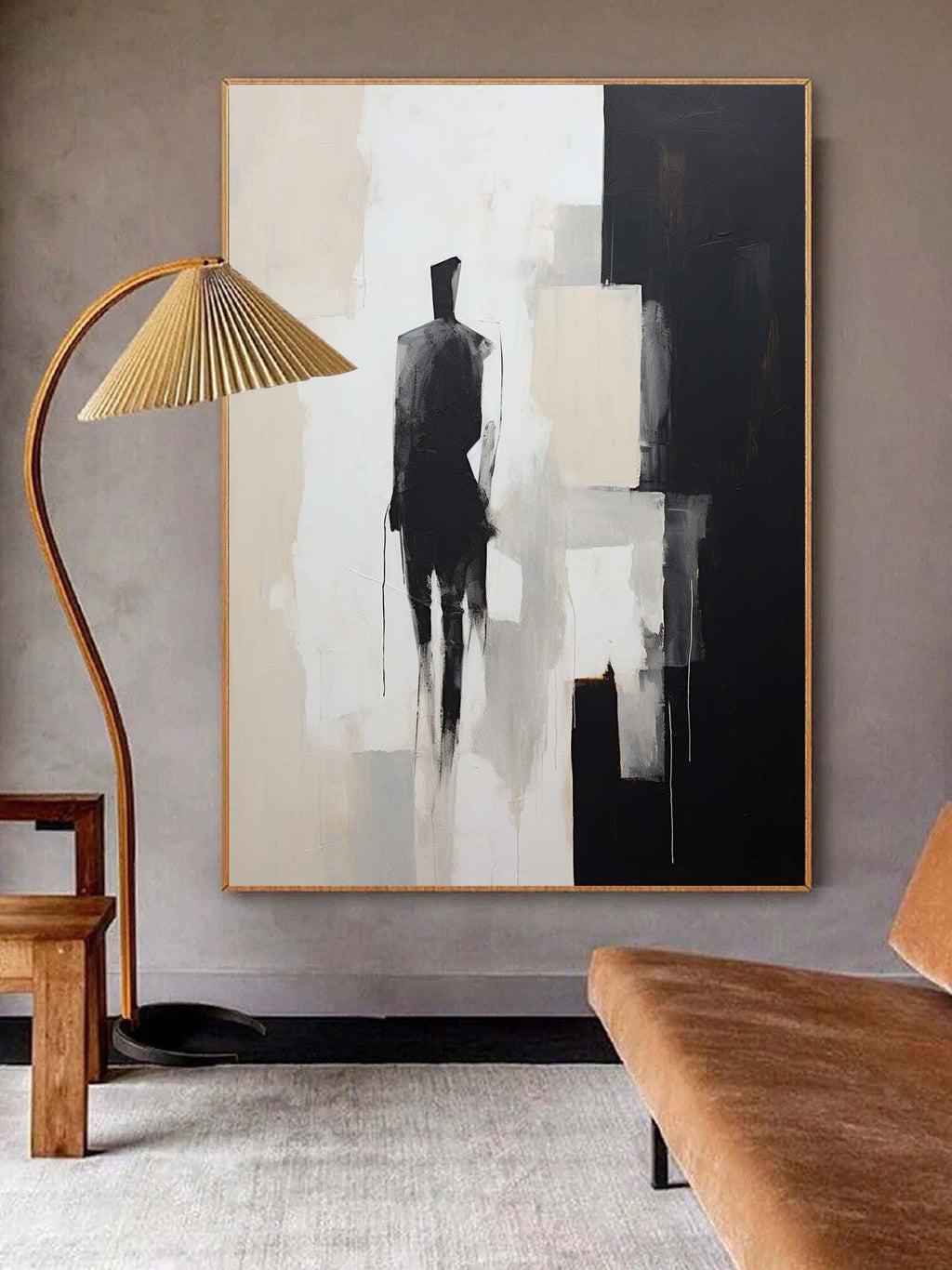 Minimalist Solitary Figure Oil Painting Black Beige Wall Art