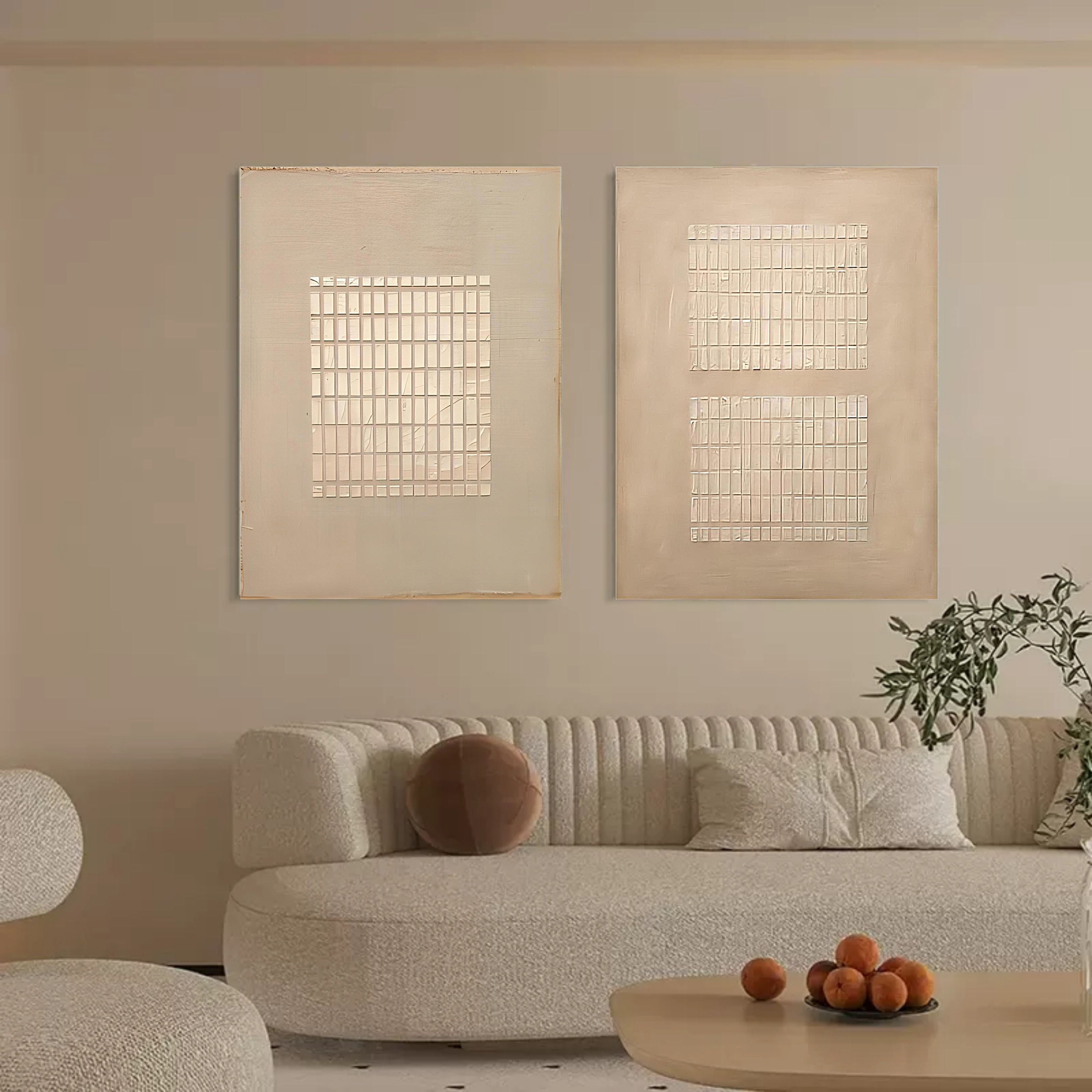 Set Of 2 Grid Texture Diptych Painting