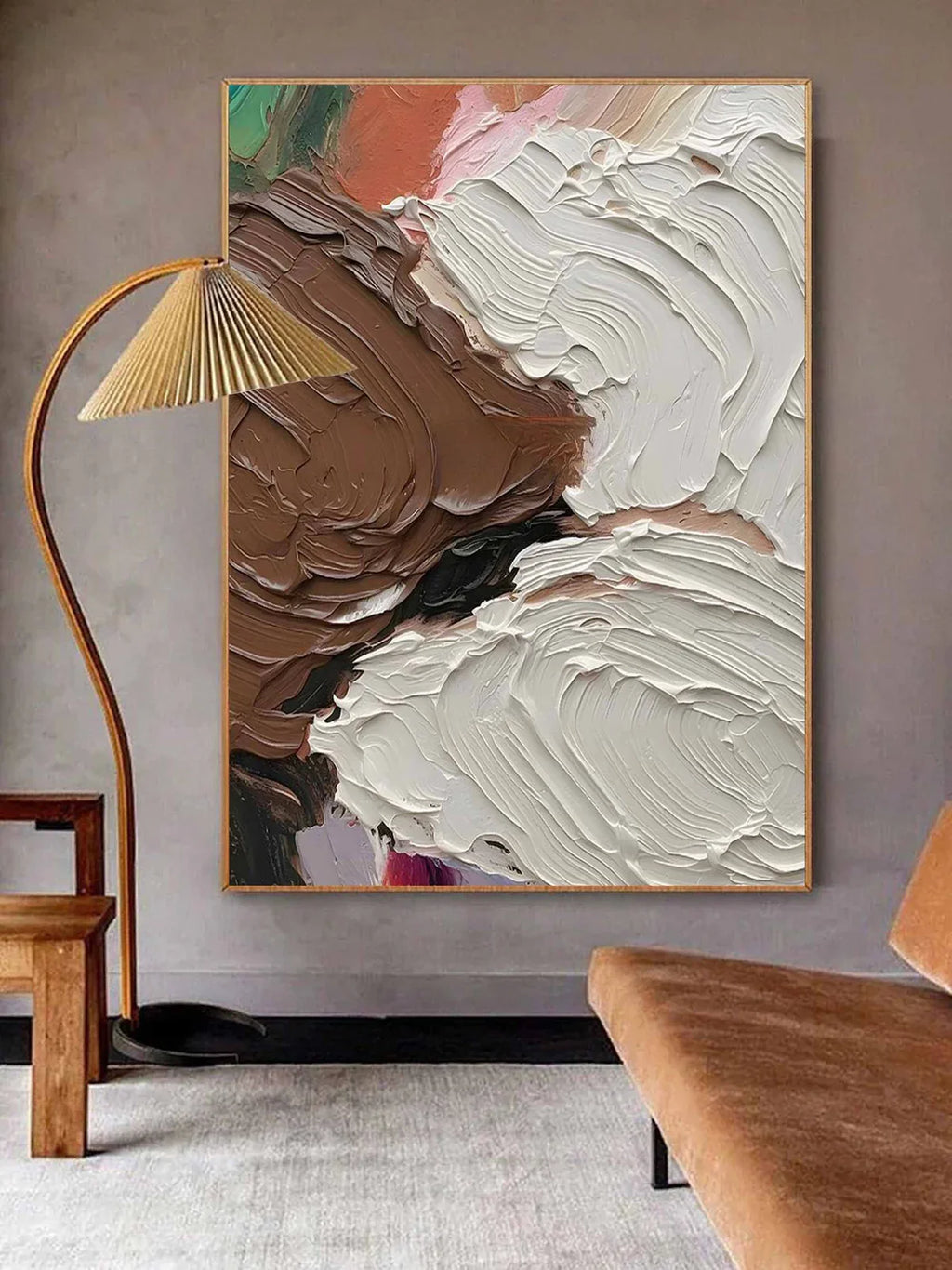Brown White Wave Impasto Textured Abstract Oil Painting