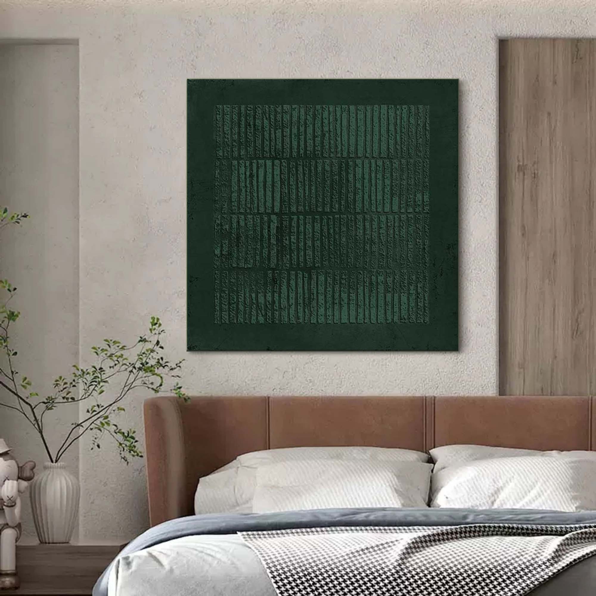 Deep Emerald Textured Vertical Strip Abstract Oil Painting