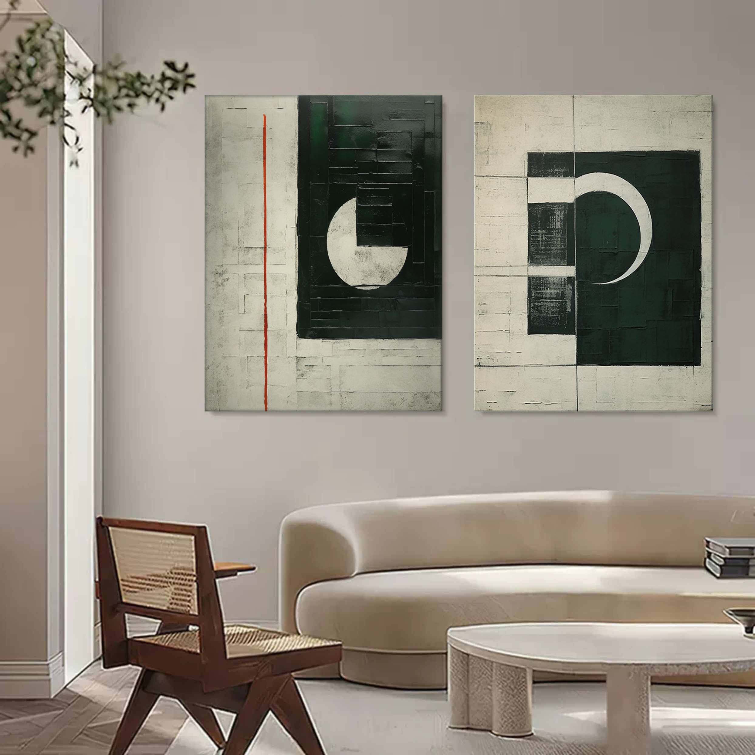 Tactile Two-Piece Geometric Oil Painting Black White