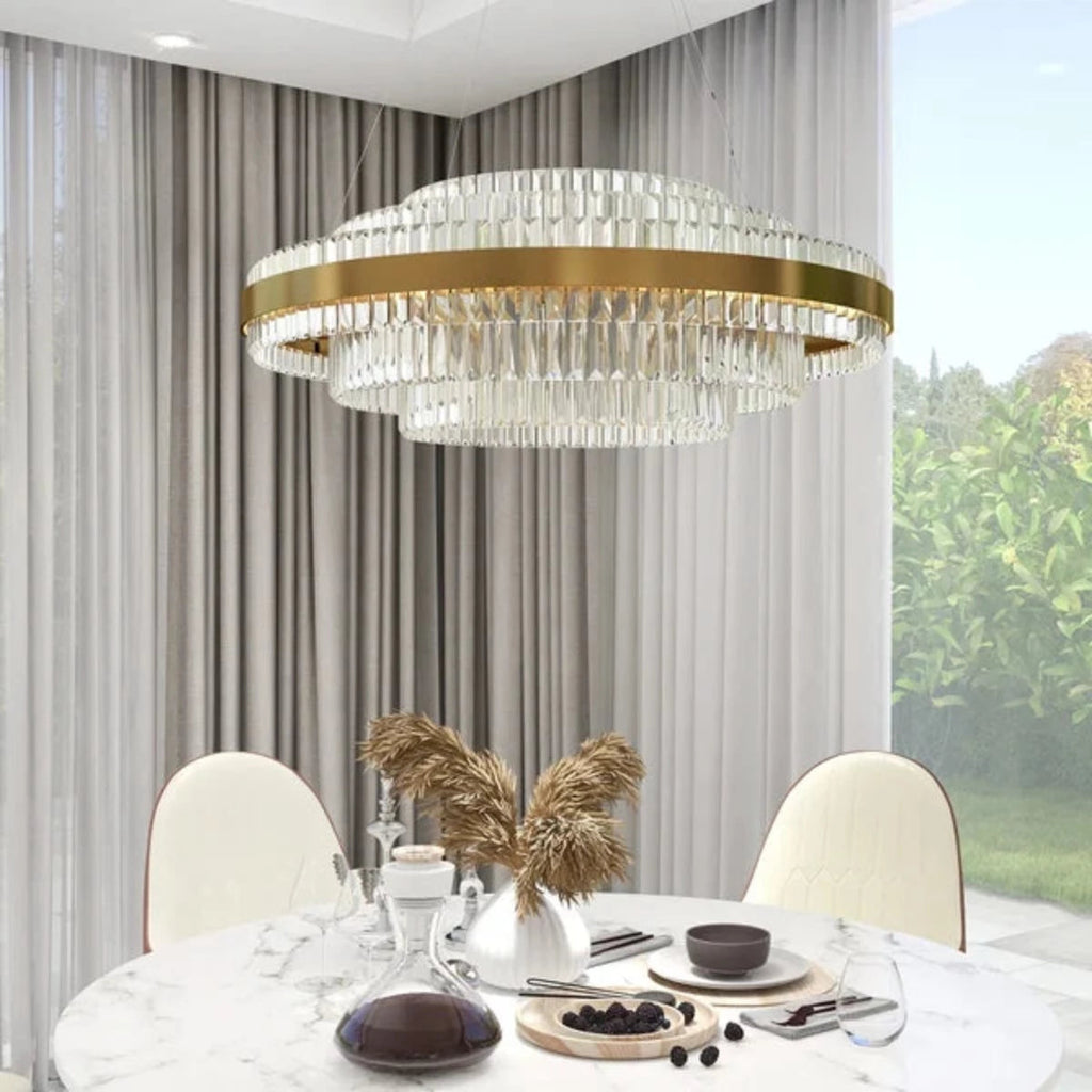 Kristy Modern Tiered Crystal LED Chandelier in Brass Living Room