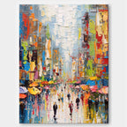 Vibrant Impasto City Street Oil Painting Rainy Day Umbrella
