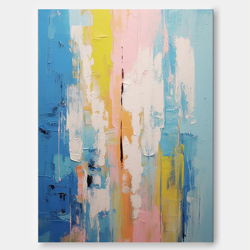 Impasto Vertical Abstract Painting Blue And Pink