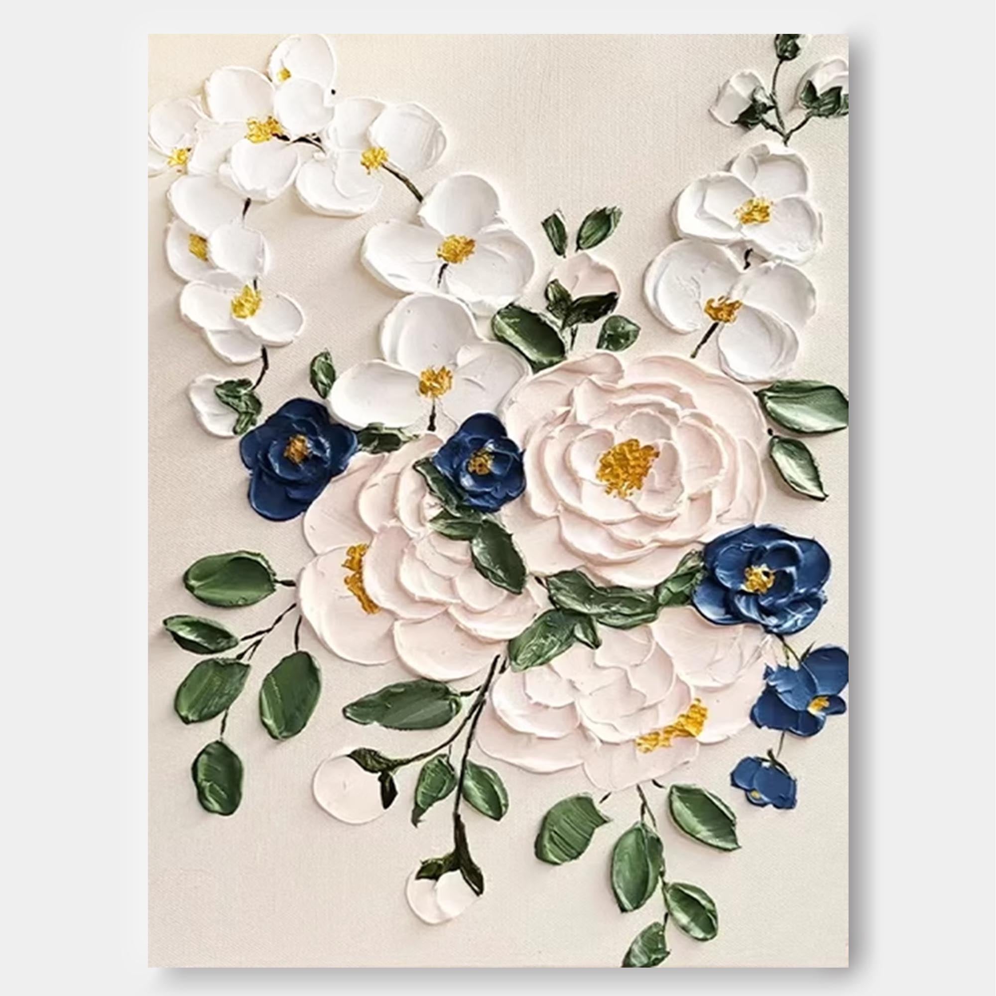 3D Impasto Floral Bouquet Painting White Blue