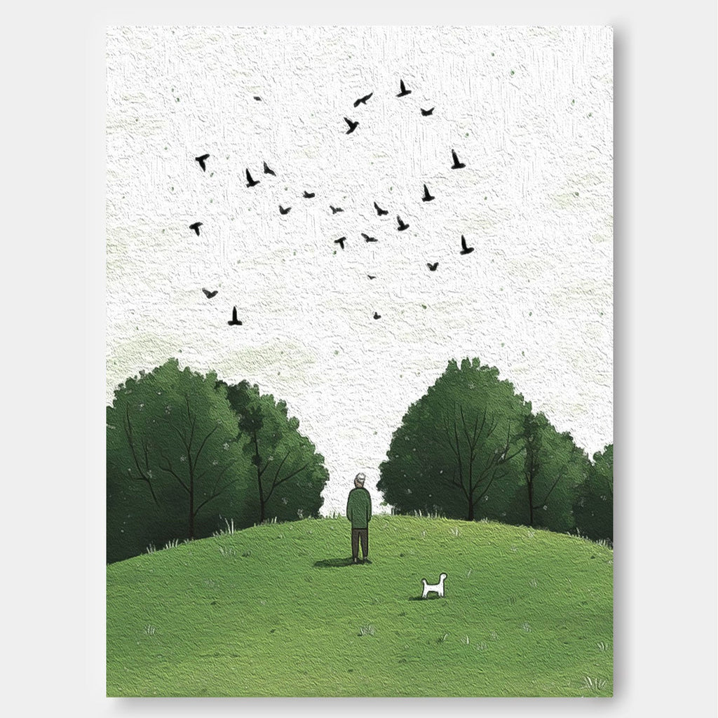 Tranquil Hilltop Moment Textured Art Print Man With Dog