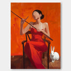 Faceless Woman In Red Dress Rabbit Oil Painting