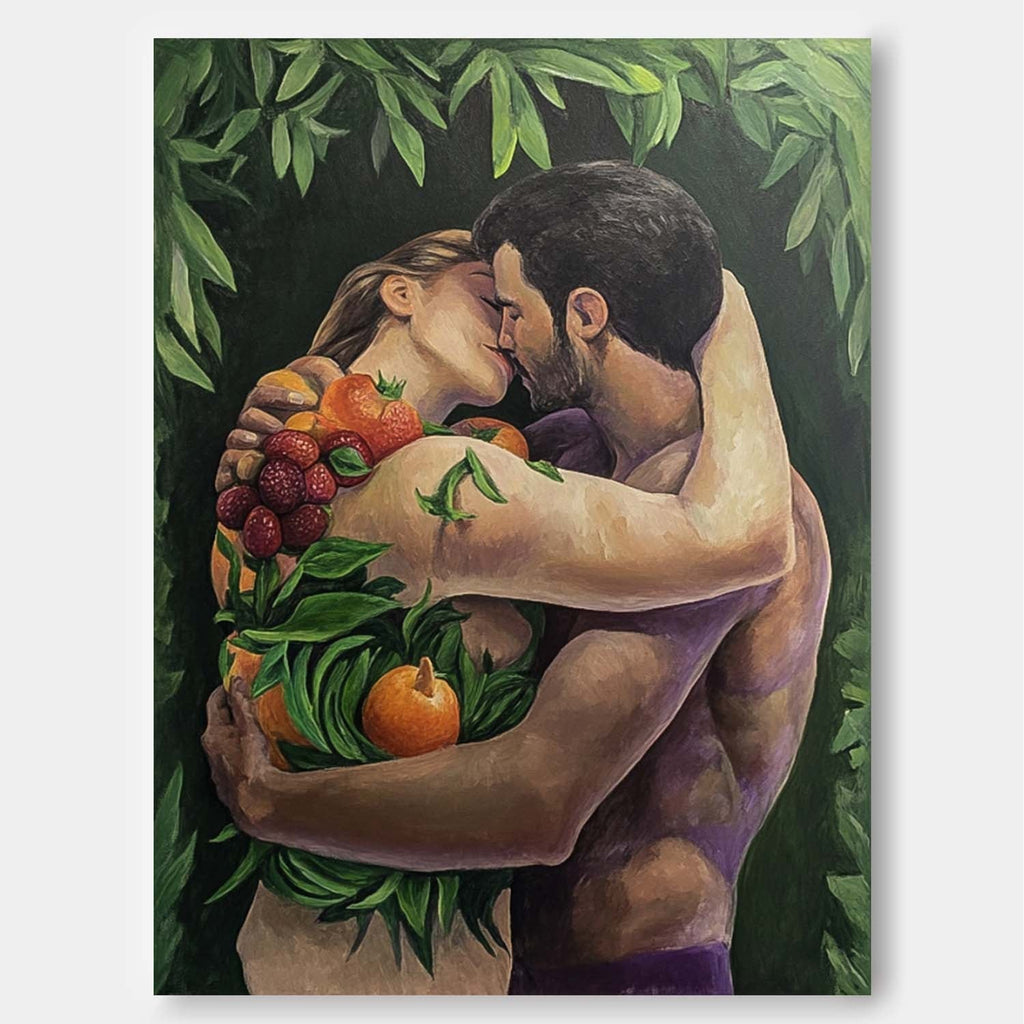 Romantic Couple Embrace Fruits Foliage Oil Painting