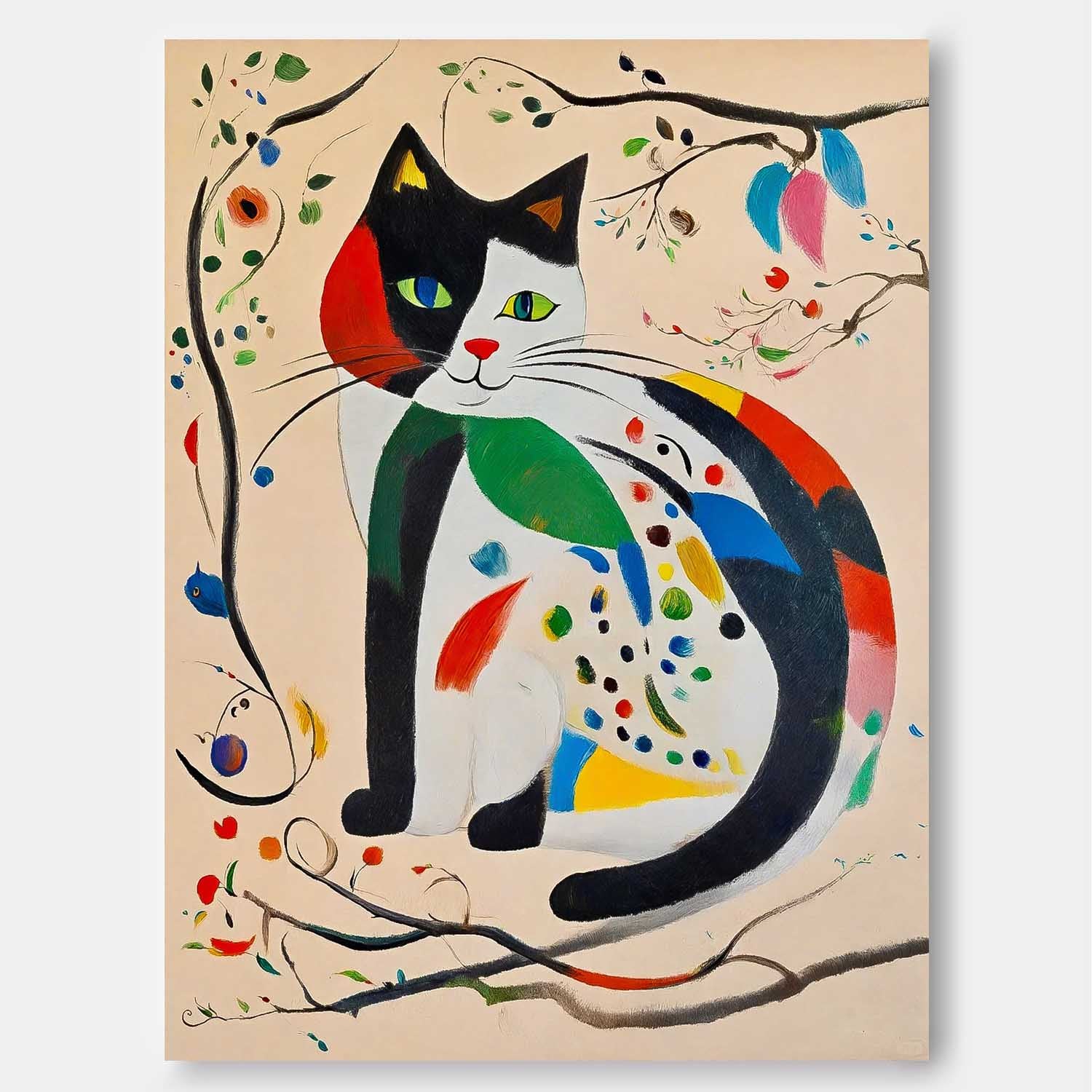 Surrealist Cat Painting Vibrant Patchwork