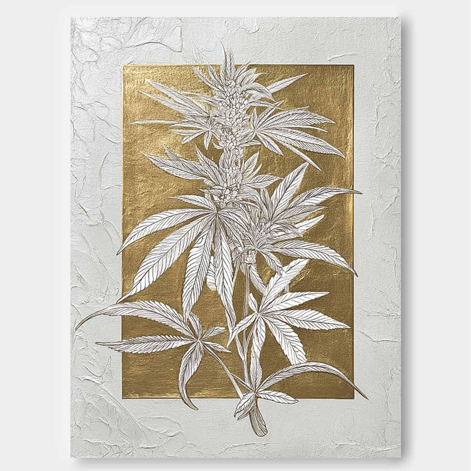 Gold Foil Cannabis Leaf Art Botanical Line Drawing