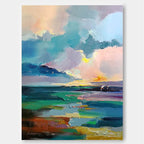 Vibrant Coastal Sunset Oil Painting Impasto Texture
