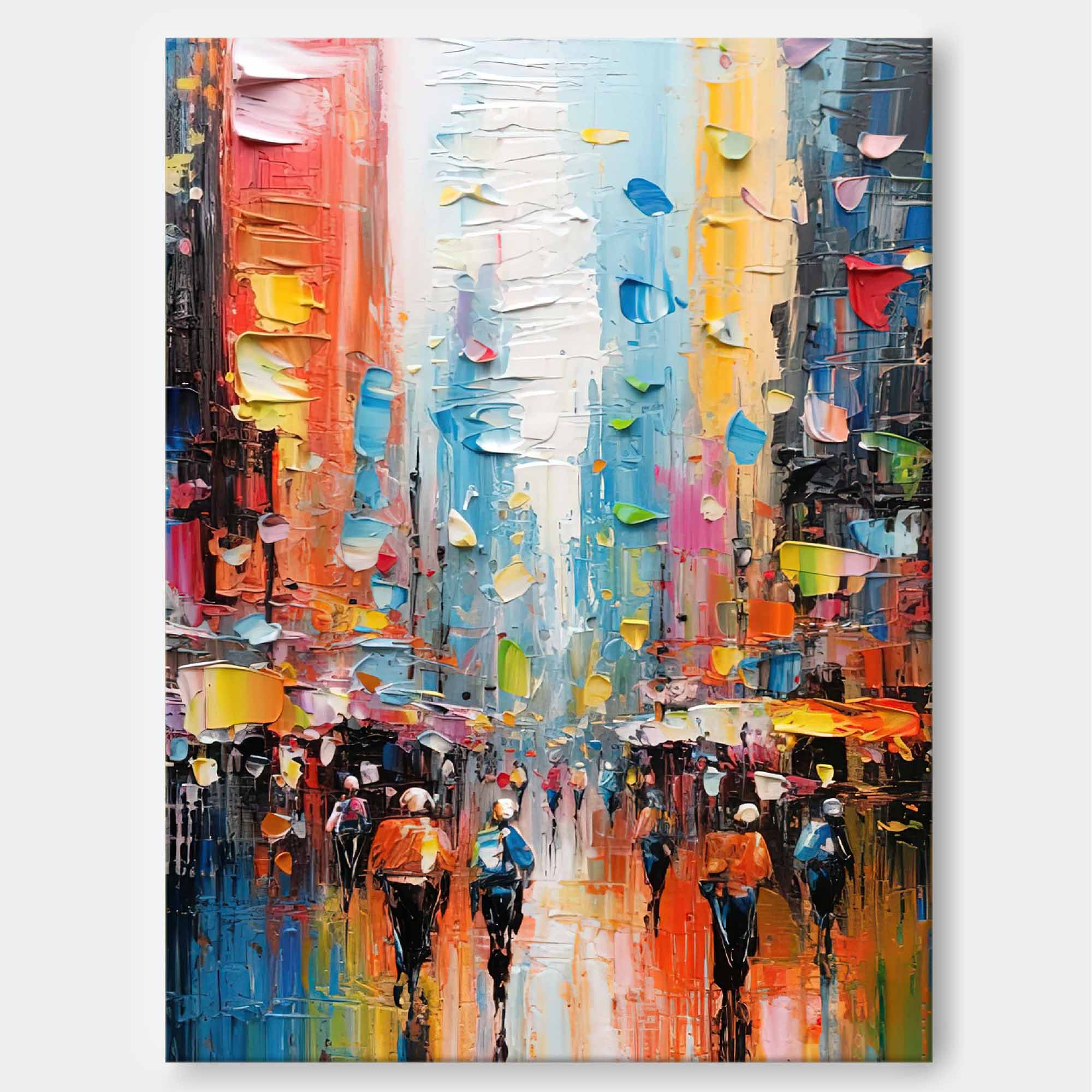 Impasto Cityscape Painting Vibrant Rainbow