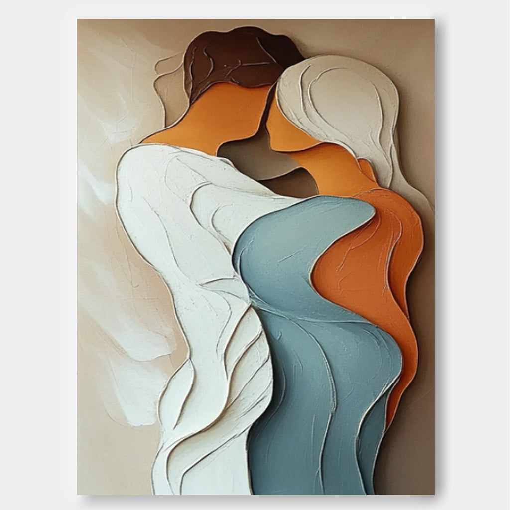 Intimate Couple Embrace Textured Oil Painting