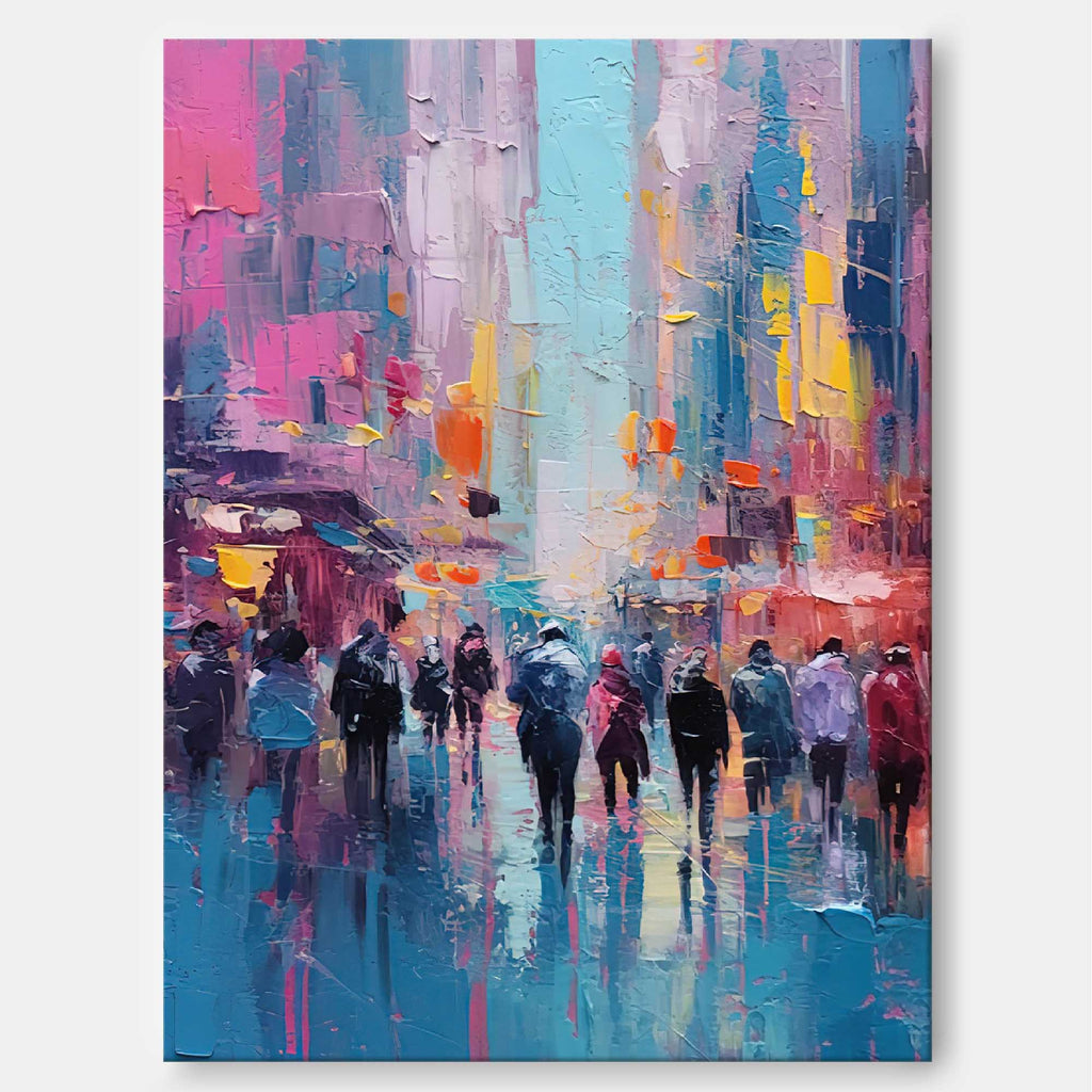 Impasto Rainy Cityscape Painting Vibrant Pink