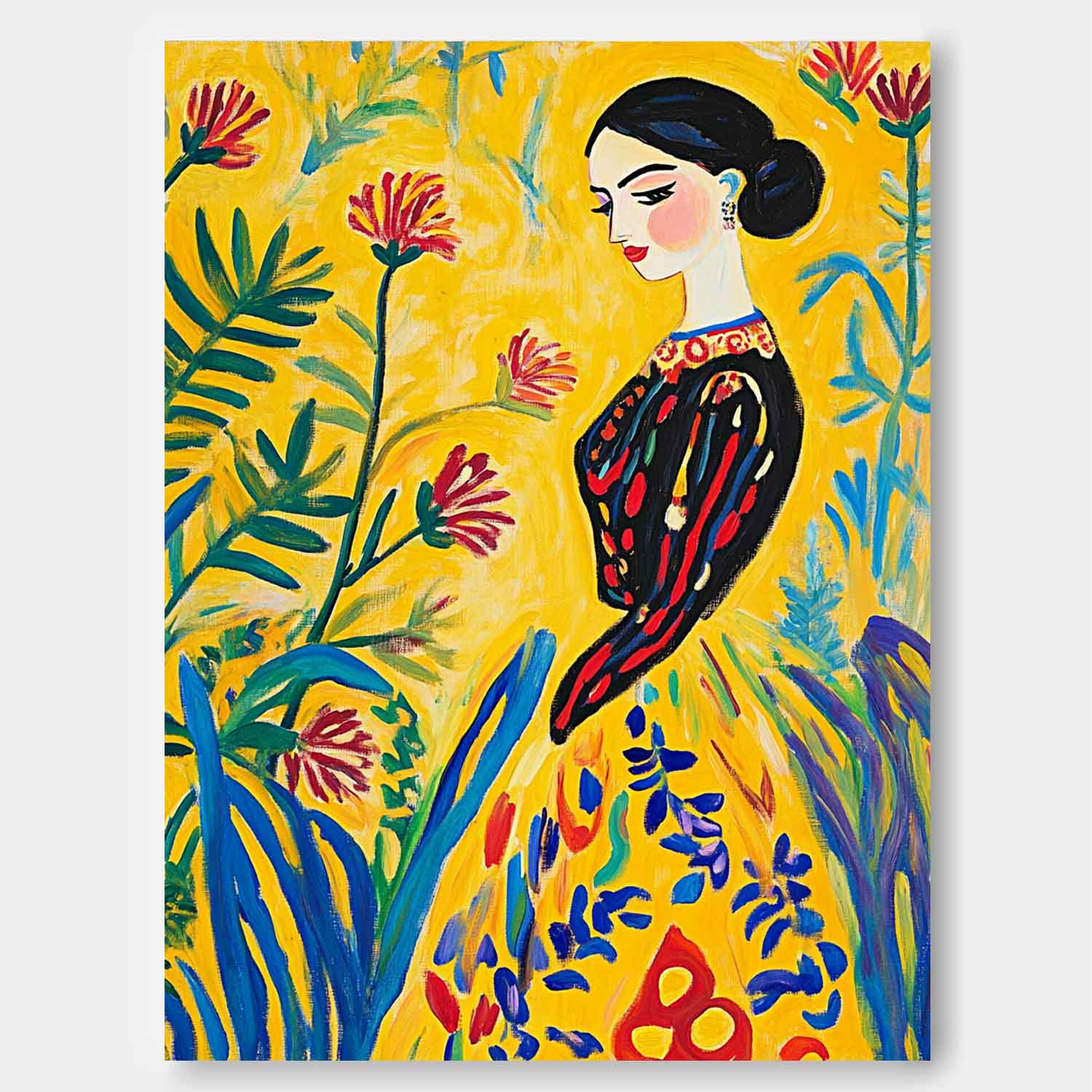 Fauvist Portrait Painting Vibrant Yellow Floral